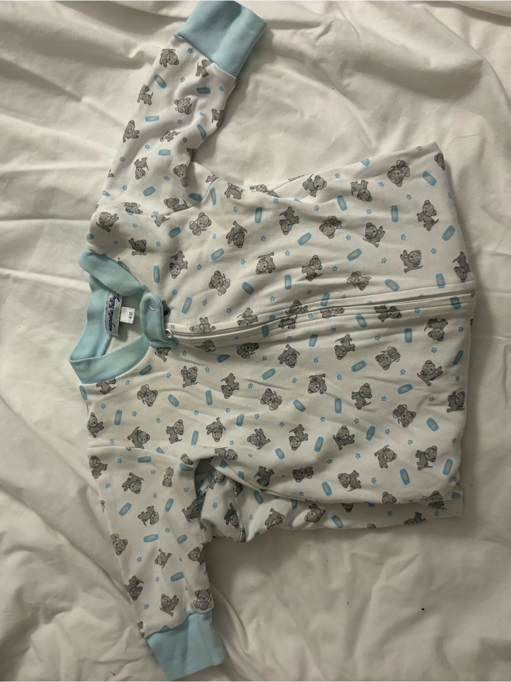 Magnolia Baby White Sleep Zip Romper with Light Blue Trim puppy 6 months
